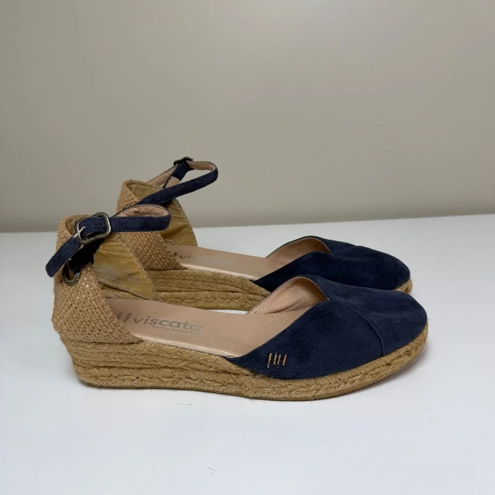 Viscata Espadrille Wedge Women 41 Low Heel Ankle Strap Suede Jute Made in Spain